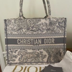 Medium Dior Book Tote - Grey Toile de Jouy Embroidery (Excellent Condition)
